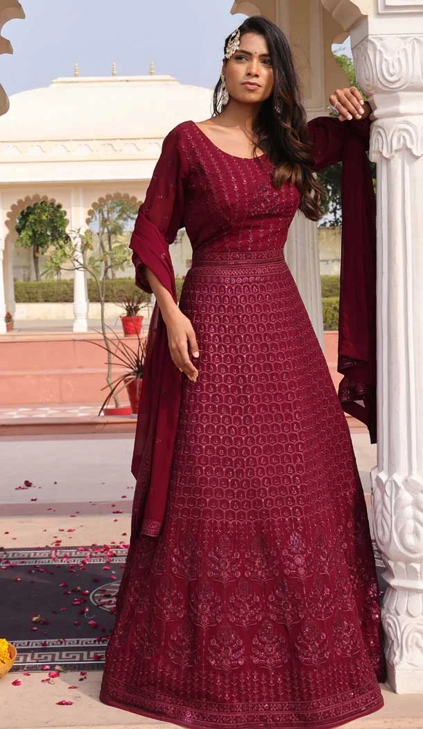 Maroon Georgette Embroidery Work Party Wear Anarkali Suit - 11729202788