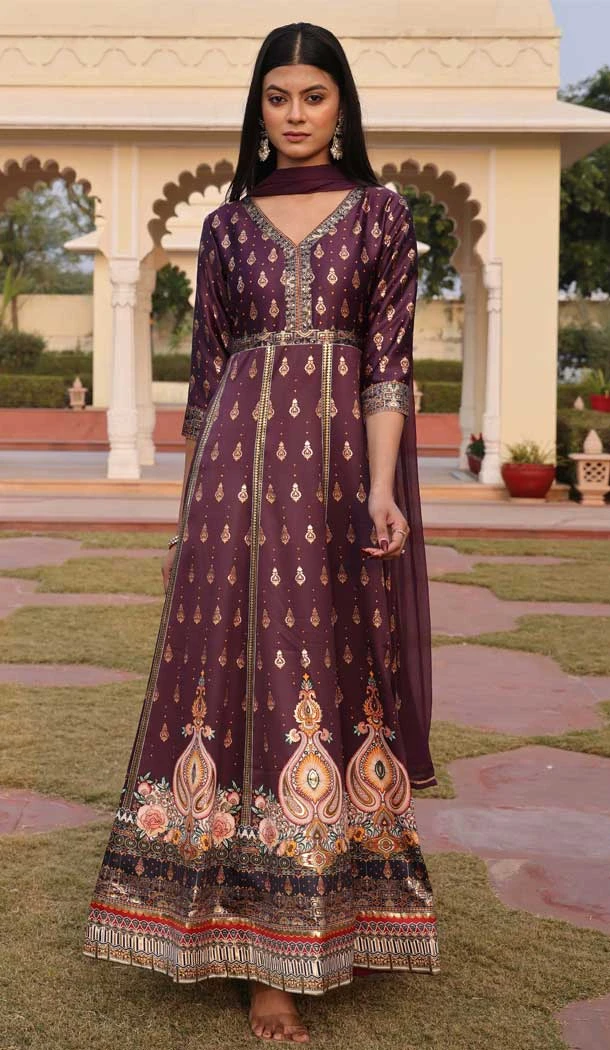 Wine Satin Embroidery Work Party Wear Anarkali Suit - 11729202789