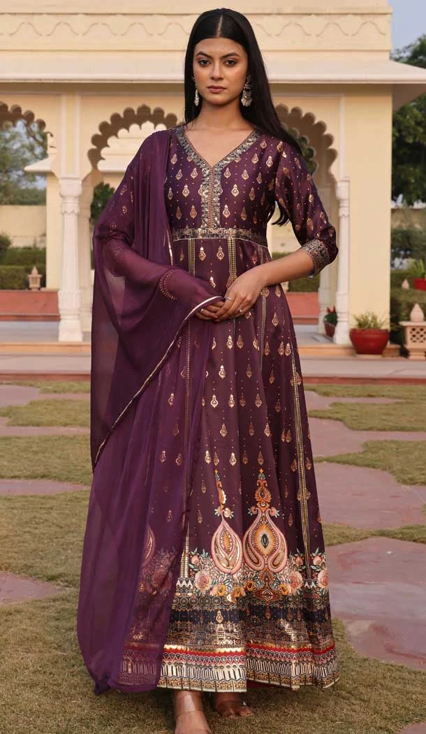 Wine Satin Embroidery Work Party Wear Anarkali Suit - 11729202789