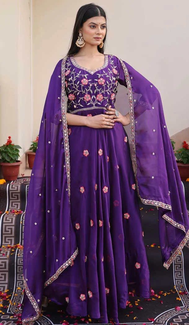 Purple Rangoli Silk Embroidery Work Party Wear Anarkali Suit - 11729202794