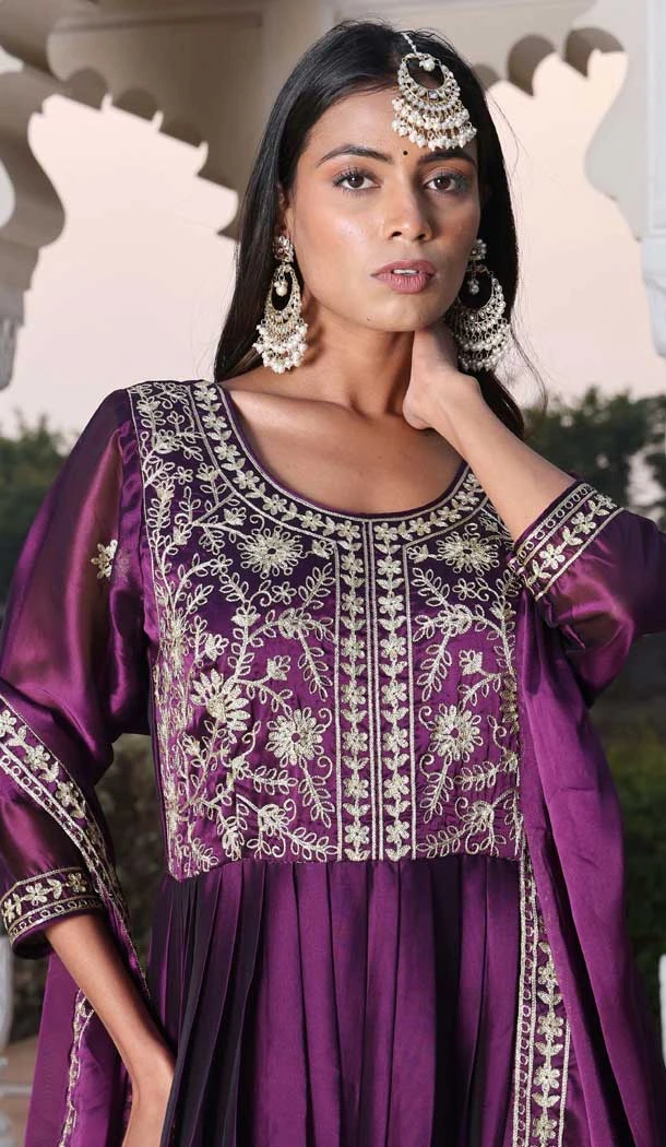 Rangoli Silk Embroidery Work Party Wear Anarkali Suit In Wine - 11729202795