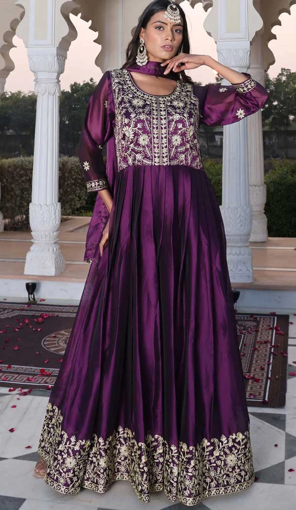 Rangoli Silk Embroidery Work Party Wear Anarkali Suit In Wine - 11729202795