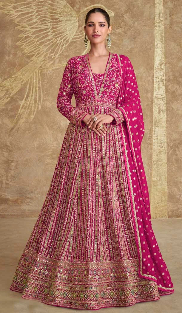 Rani Pink Georgette Embroidered Party Wear Gown With Dupatta - 11769203025