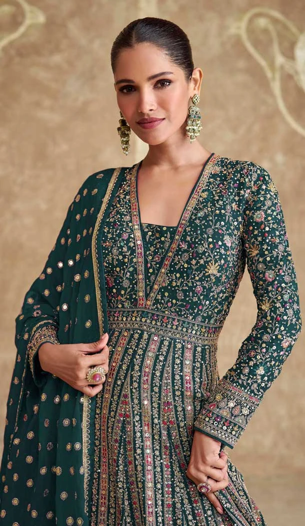 Green Georgette Embroidered Party Wear Gown With Dupatta - 11769203026