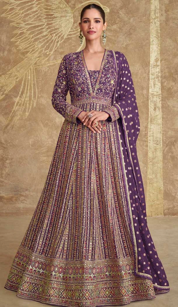 Purple Georgette Embroidered Party Wear Gown With Dupatta - 11769203027