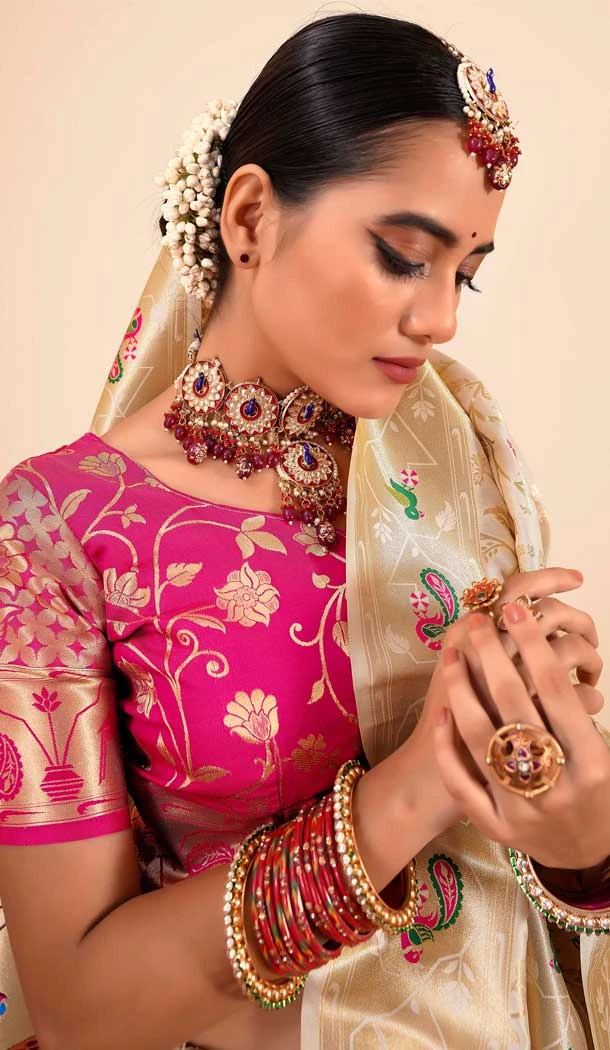 Cream Paithani Silk Print Work Party Wear Saree - 11779203138
