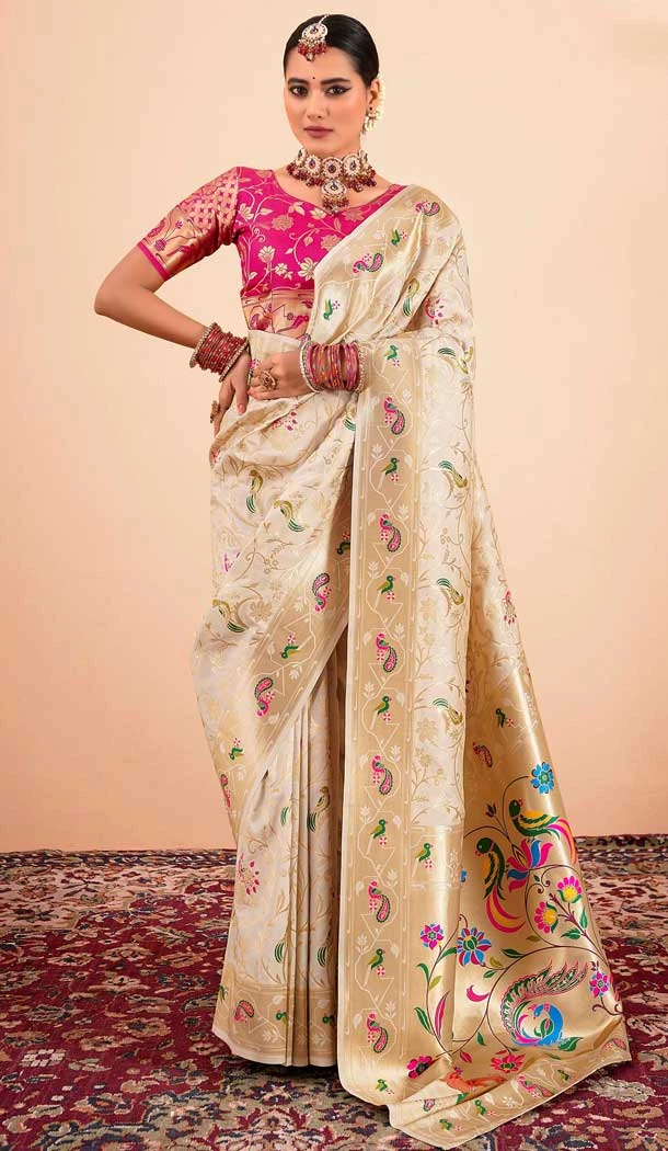 Cream Paithani Silk Print Work Party Wear Saree - 11779203138