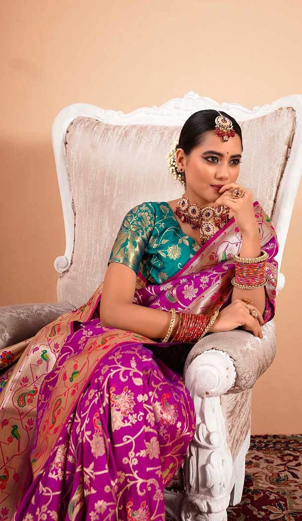 Wine Paithani Silk Print Work Party Wear Saree - 11779203139