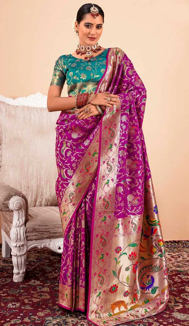 Wine Paithani Silk Print Work Party Wear Saree - 11779203139