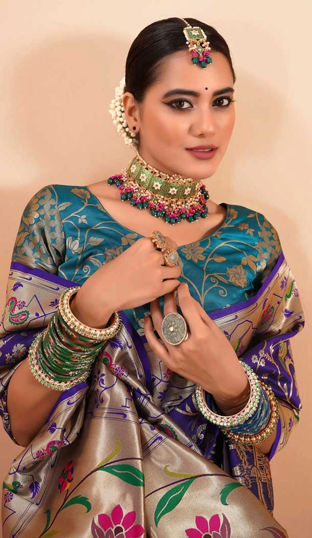Purple Paithani Silk Print Work Party Wear Saree - 11779203140