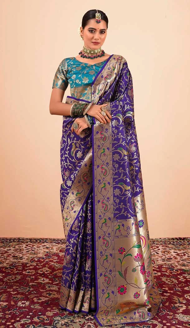 Purple Paithani Silk Print Work Party Wear Saree - 11779203140