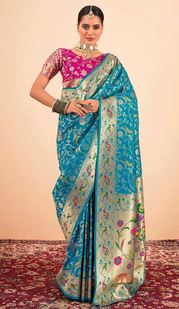 Firozi Blue Paithani Silk Print Work Party Wear Saree - 11779203141