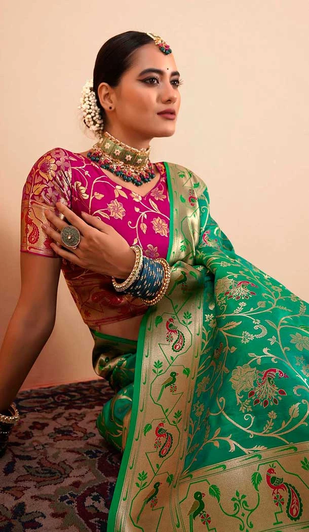 Green Paithani Silk Print Work Party Wear Saree - 11779203142