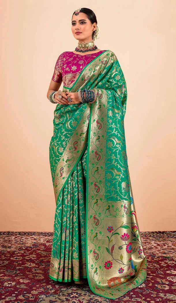 Green Paithani Silk Print Work Party Wear Saree - 11779203142