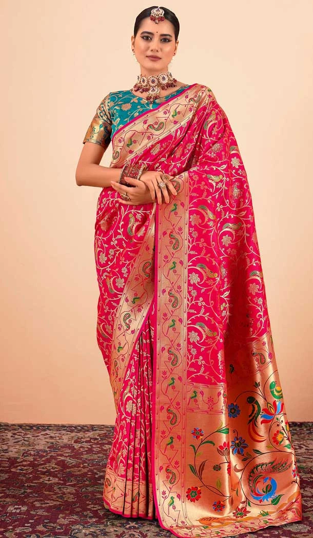 Rani Pink Paithani Silk Print Work Party Wear Saree - 11779203143