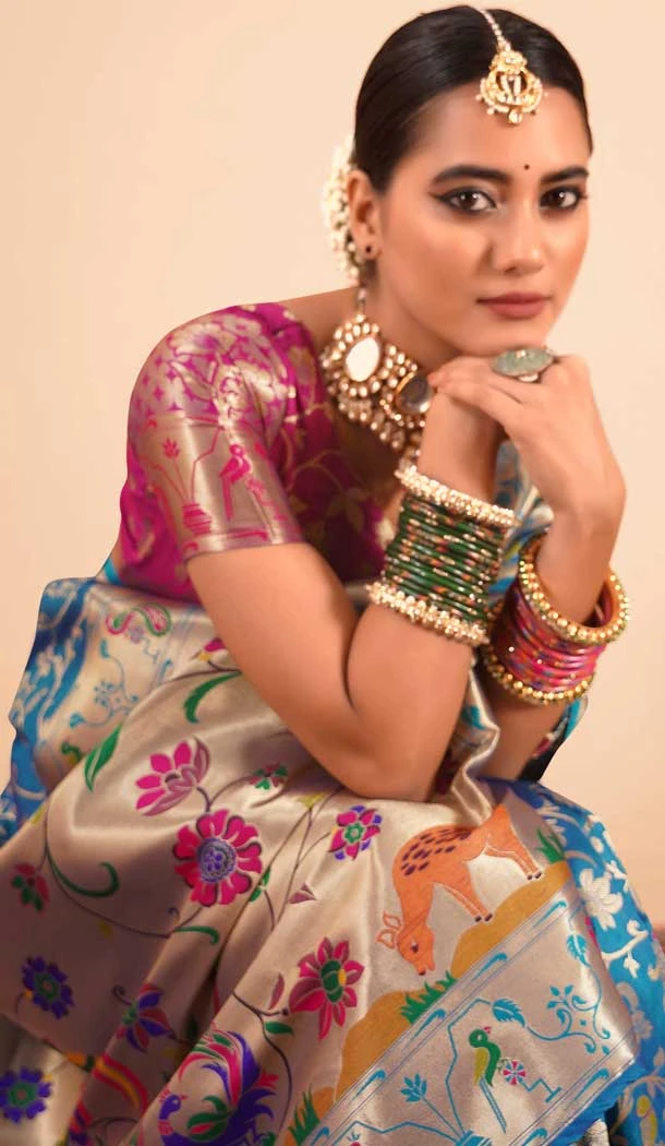 Teal Blue Paithani Silk Print Work Party Wear Saree - 11779203144