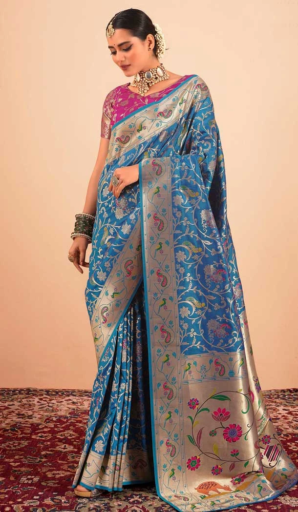 Teal Blue Paithani Silk Print Work Party Wear Saree - 11779203144