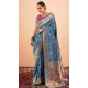 Teal Blue Paithani Silk Print Work Party Wear Saree - 11779203144