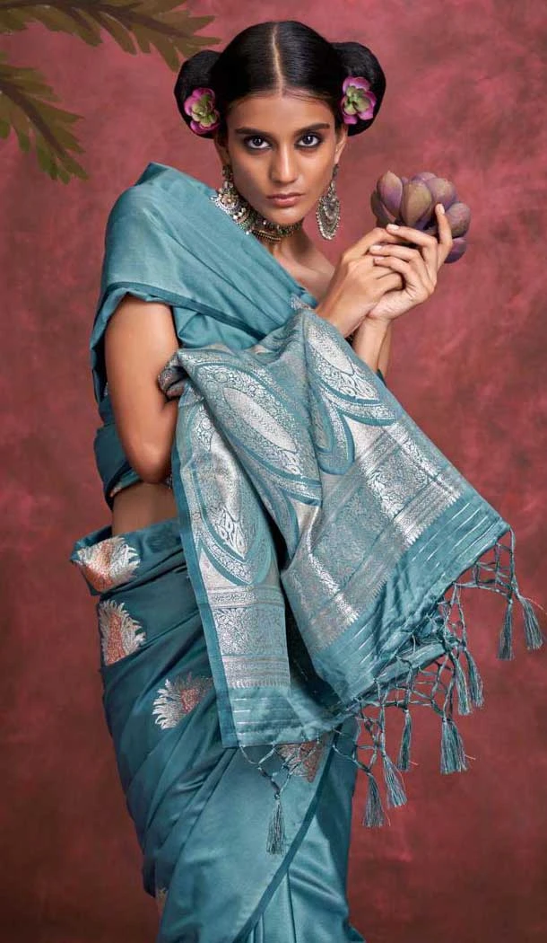 Pure Satin Weaving Work Party Wear Saree In Rama Blue - 11782203165