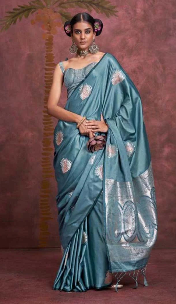Pure Satin Weaving Work Party Wear Saree In Rama Blue - 11782203165