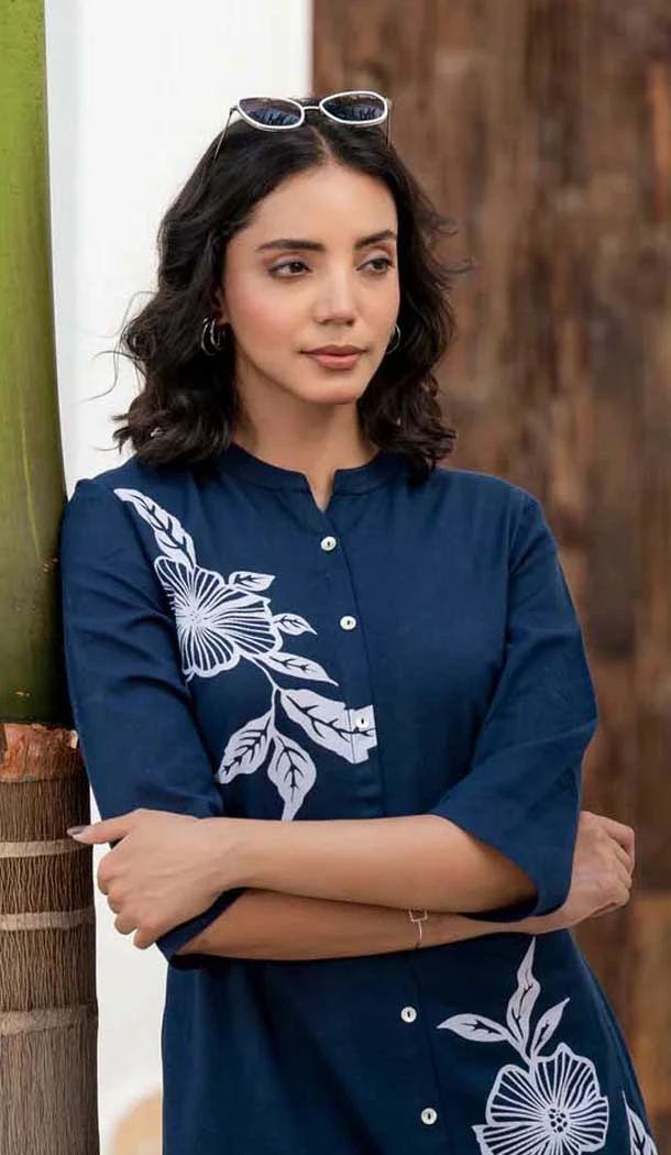 Cotton Floral Print Party Wear Readymade Kurta With Bottom In Teal Blue - 11767203020