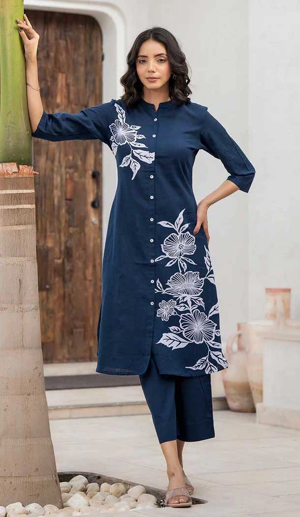 Cotton Floral Print Party Wear Readymade Kurta With Bottom In Teal Blue - 11767203020