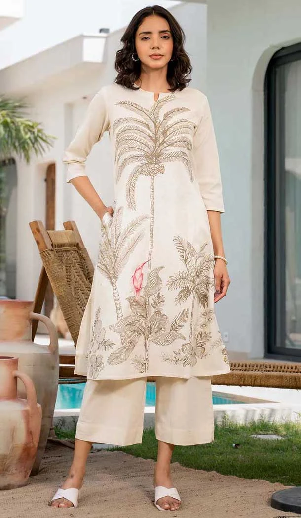 Cotton Floral Print Party Wear Readymade Kurta With Bottom In Cream - 11767203022