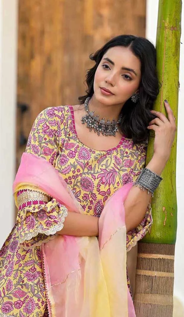 Yellow Cotton Print Work Designer Wear Sharara Suit - 11768203023