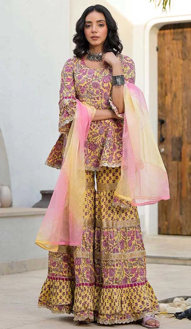 Yellow Cotton Print Work Designer Wear Sharara Suit - 11768203023