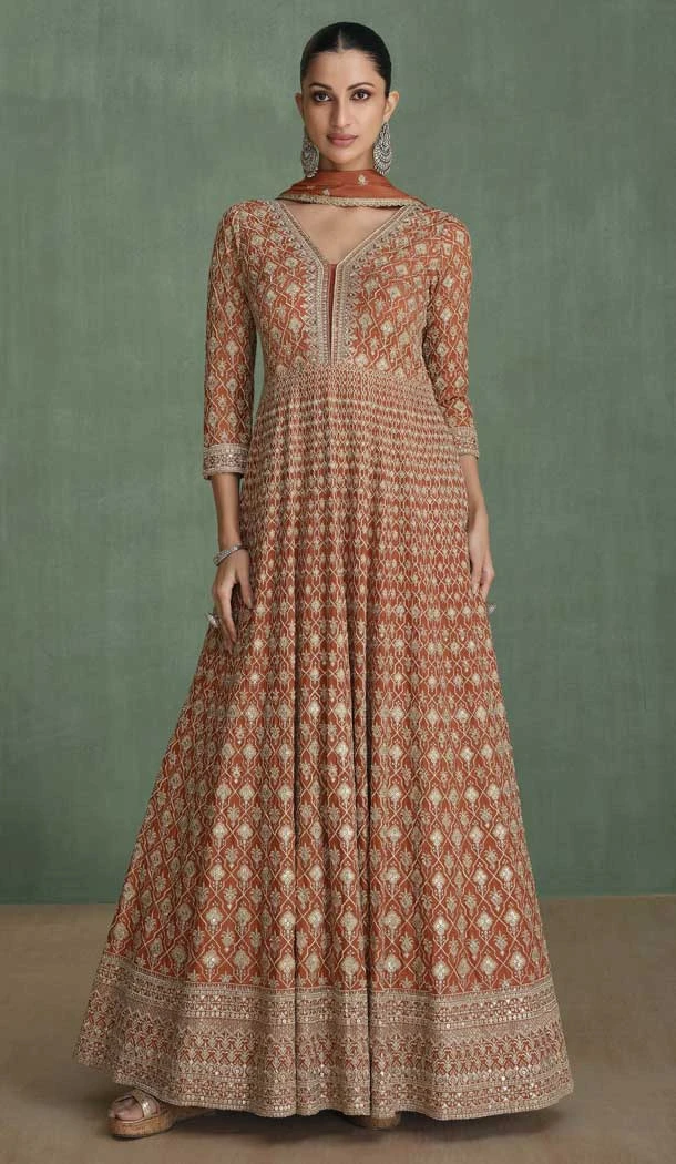 Chiku Georgette Sequins Work Party Wear Designer Gown With Dupatta - 11770203029