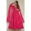 Chiffon Bandhej Print Work Readymade Plus Size Anarkali Suit In Rani Pink - 11771203032