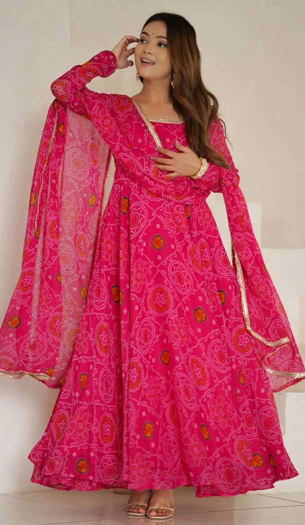 Chiffon Bandhej Print Work Readymade Anarkali Suit In Rani Pink - 11771203032