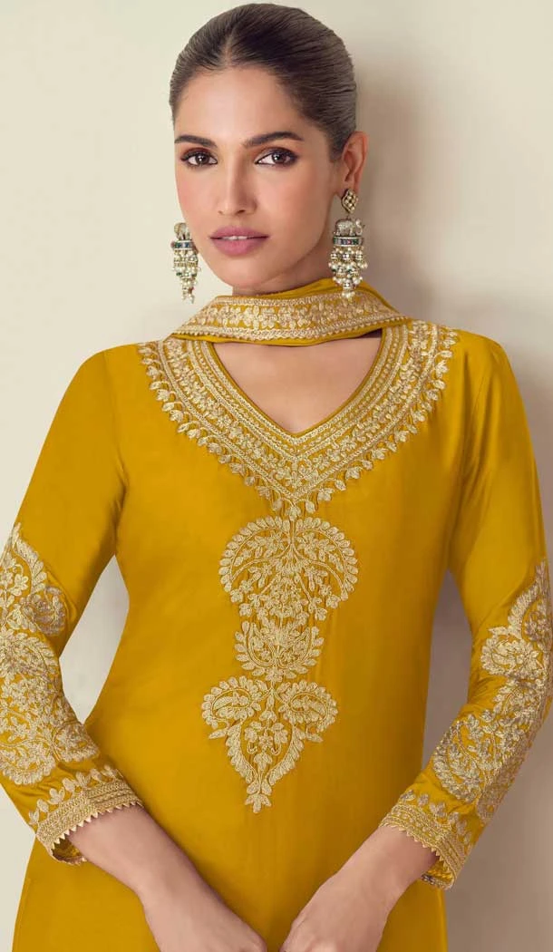 Chinon Embroidery Work Party Wear Palazzo Salwar Suit In Mustard - 11810203375