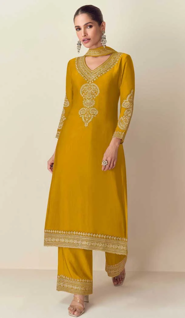 Chinon Embroidery Work Party Wear Palazzo Salwar Suit In Mustard - 11810203375