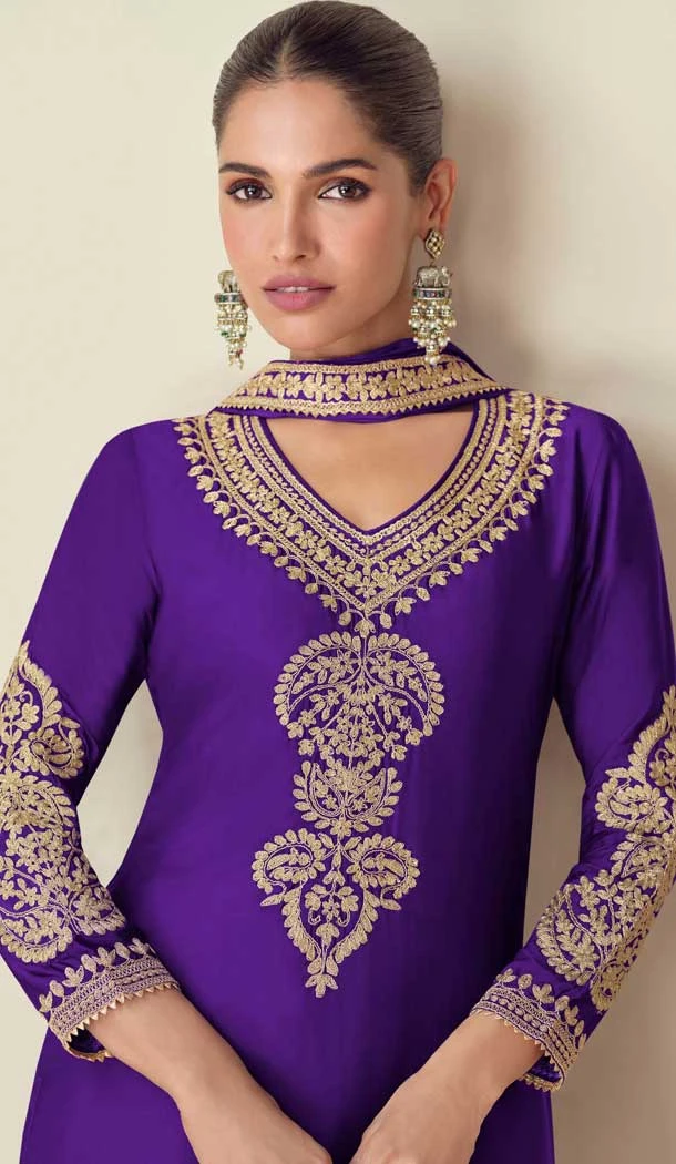 Chinon Embroidery Work Party Wear Palazzo Salwar Suit In Purple - 11810203376