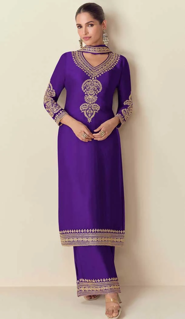 Chinon Embroidery Work Party Wear Palazzo Salwar Suit In Purple - 11810203376