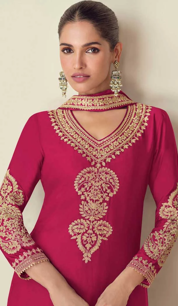 Chinon Embroidery Work Party Wear Palazzo Salwar Suit In Rani Pink - 11810203377