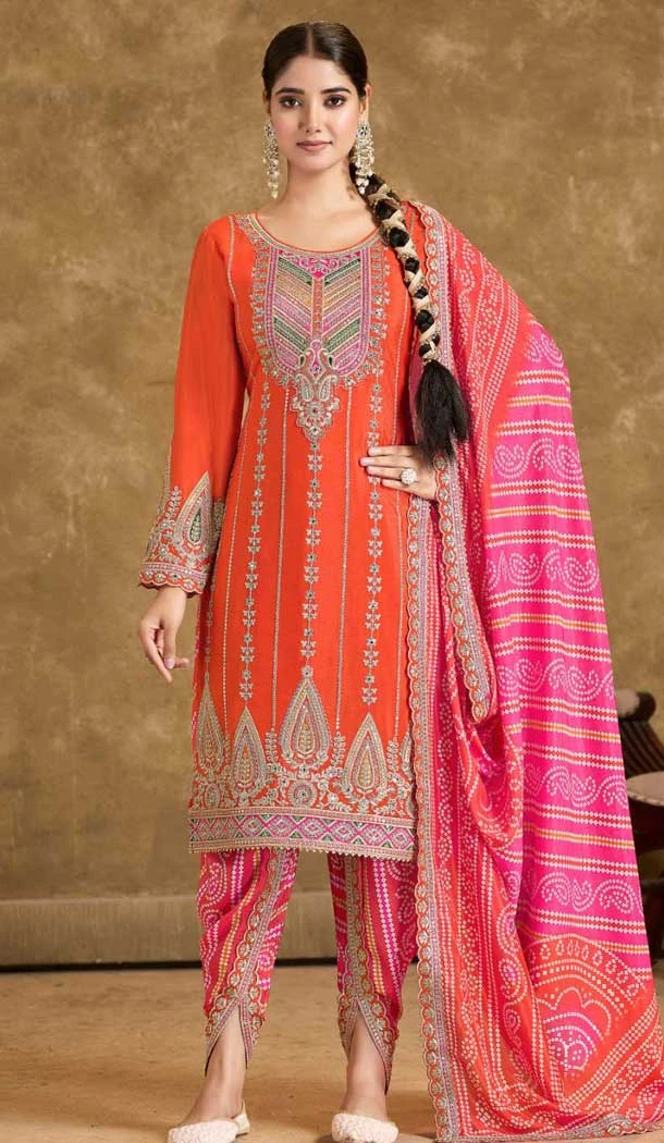 Orange Fiber Chinon Embroidered Designer Wear Salwar Suit - 11835203507