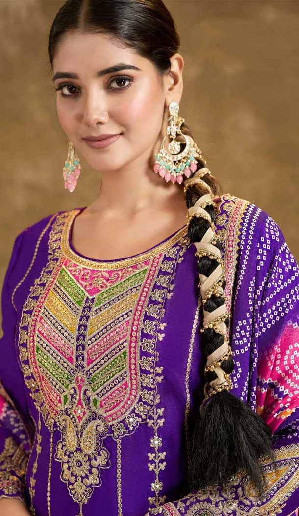 Purple Fiber Chinon Embroidered Designer Wear Salwar Suit - 11835203508