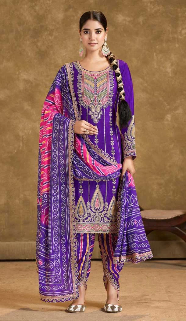 Purple Fiber Chinon Embroidered Designer Wear Salwar Suit - 11835203508