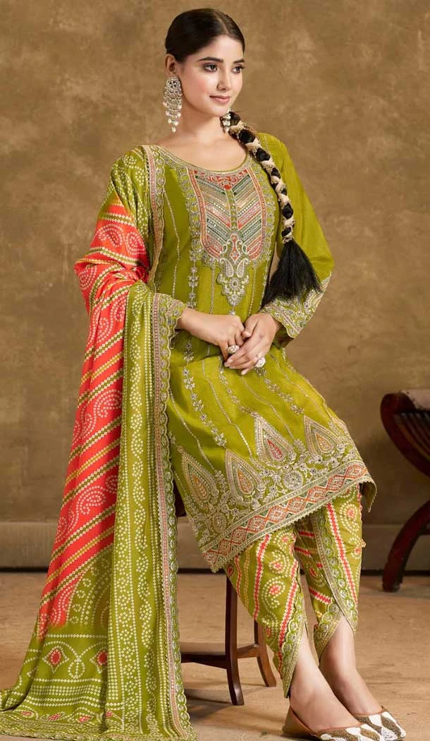 Mehendi Green Fiber Chinon Embroidered Designer Wear Salwar Suit - 11835203509