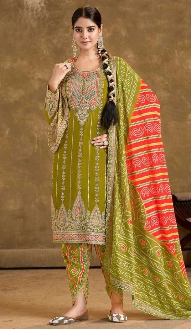 Mehendi Green Fiber Chinon Embroidered Designer Wear Salwar Suit - 11835203509