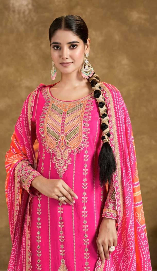 Pink Fiber Chinon Embroidered Designer Wear Salwar Suit - 11835203510