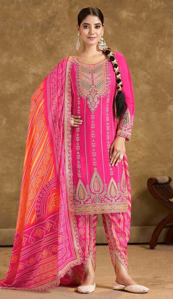 Pink Fiber Chinon Embroidered Designer Wear Salwar Suit - 11835203510