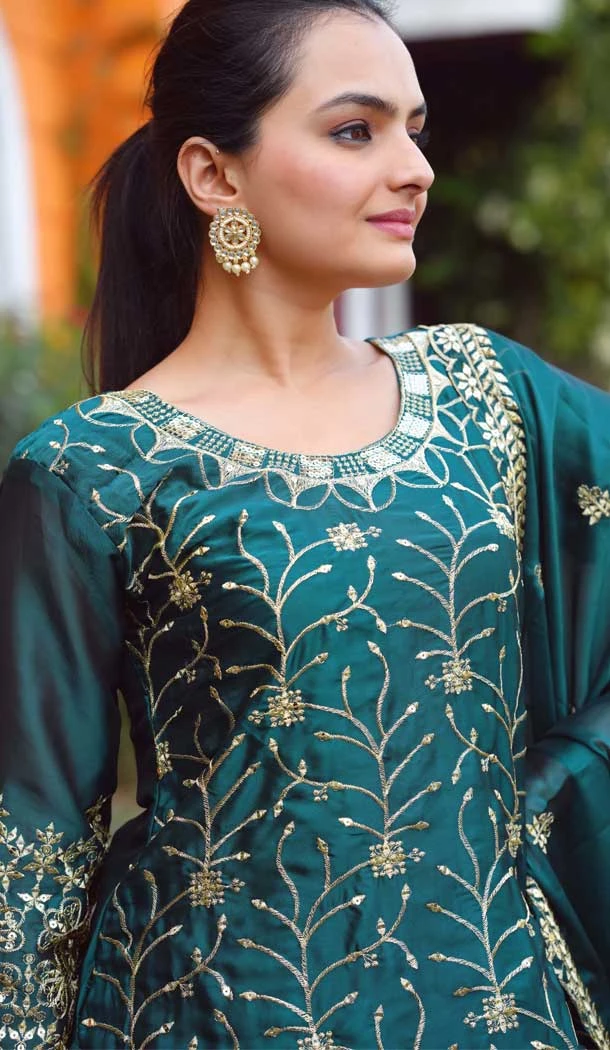 Teal Blue Rangoli Embroidery Work Party Wear Palazzo Salwar Suit - 11836203511