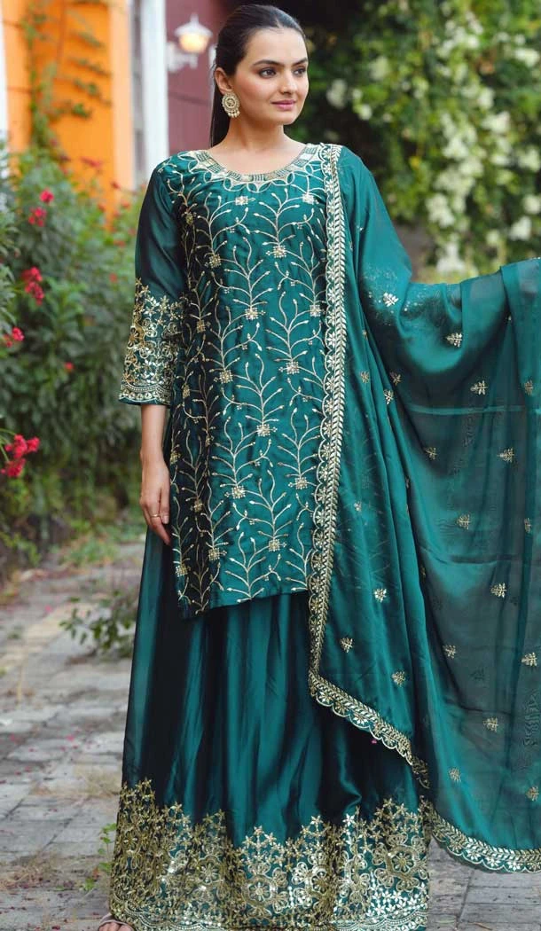 Teal Blue Rangoli Embroidery Work Party Wear Palazzo Salwar Suit - 11836203511