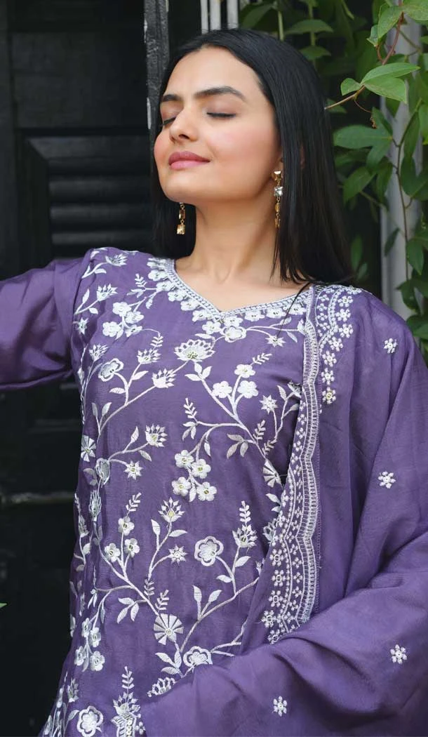 Lavender Chinon Embroidery Work Party Wear Palazzo Salwar Suit - 11836203512