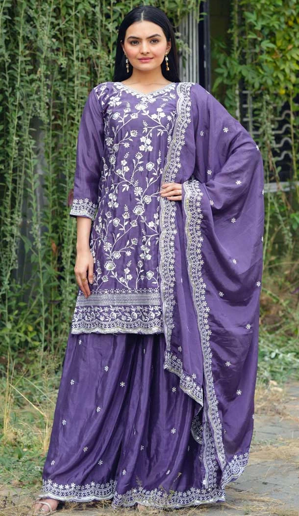Lavender Chinon Embroidery Work Party Wear Palazzo Salwar Suit - 11836203512