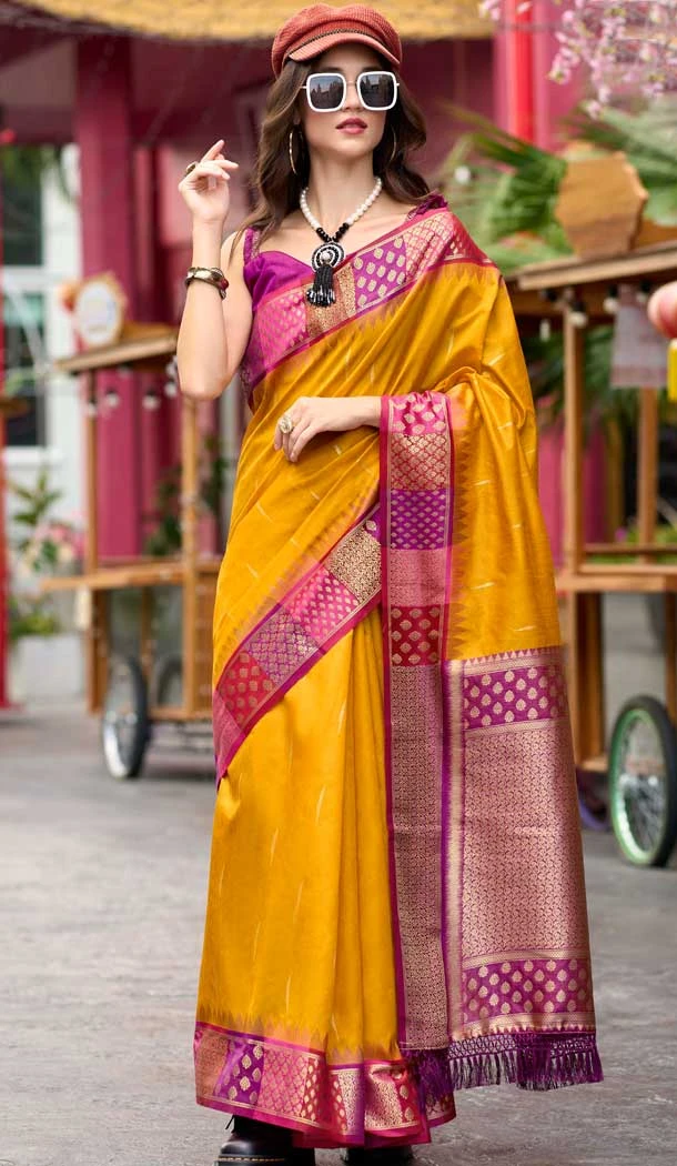 Mustard Banarasi Silk Weaving Work Party Wear Saree - 11856203608