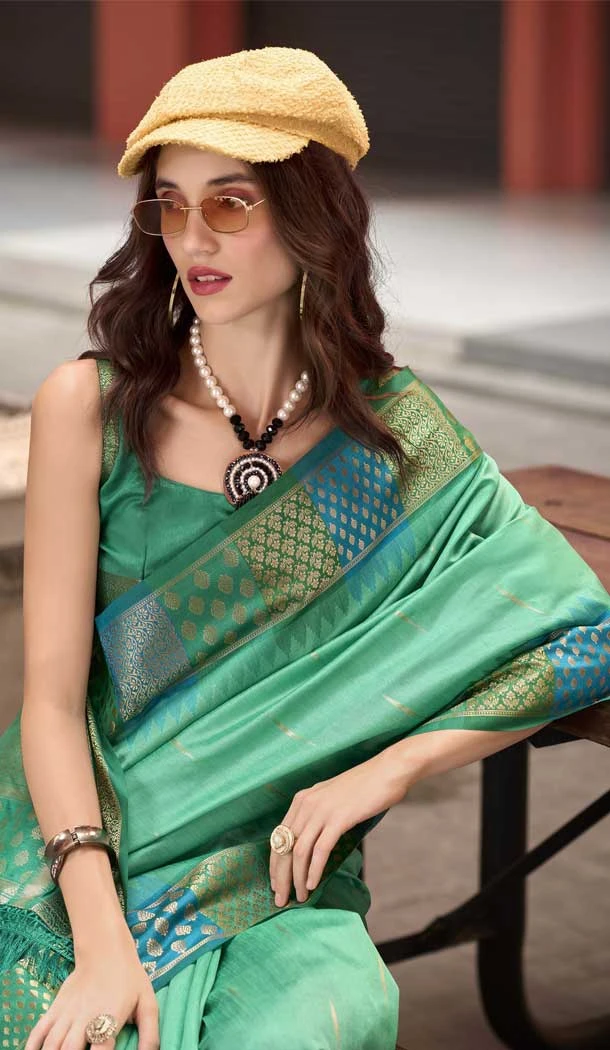 Mint Green Banarasi Silk Weaving Work Party Wear Saree - 11856203609